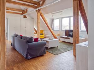 ein Wohnzimmer mit einem Sofa und einem TV in der Unterkunft BohnApartments Altstadt-Loft - Wasserbett - gratis Parkplatz - WLAN - Zentrum in Erfurt