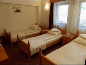 pokój z 3 łóżkami i oknem w obiekcie Tulipán Panzió w mieście Sfântu Gheorghe