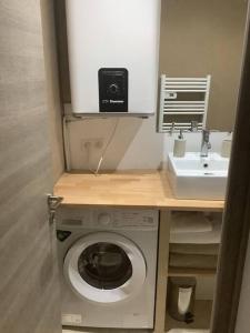 een kleine badkamer met een wasmachine en een wastafel bij Charmant deux pièces dans le vieil Antibes Safranier in Antibes