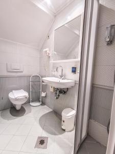 a bathroom with a sink and a toilet and a mirror at Offi Haz Hotel in Eger