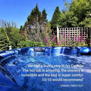 a blue car parked in a garden with a quote at Romantic Cottage with Private Hot Tub in Llanfyrnach