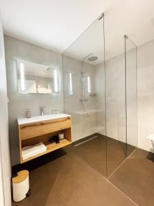 a bathroom with a sink and a glass shower at Weingut FJ Gritsch Mauritiushof Apartments in Spitz