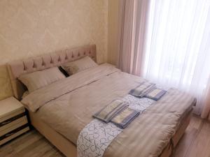 1 dormitorio con 2 almohadas en Sky House Premium apartment in City Center, en Chişinău