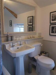 a bathroom with a sink and a toilet and a mirror at Fossil Cottage (Berryl Farm Cottages) in Whitwell