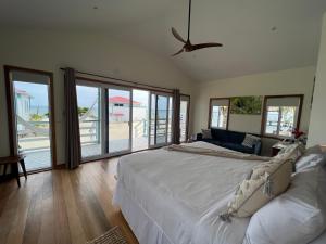 een slaapkamer met een groot bed en een plafondventilator bij Blue Reef Island in Dangriga