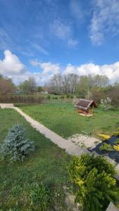 un campo de hierba con una cabaña a lo lejos en Lake holiday, en Sárkeresztes