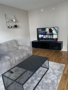 een woonkamer met een bank en een flatscreen-tv bij Cosy, little apartment in Moss