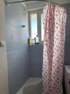 a bathroom with a shower curtain with flowers on it at Viktorija's Apartment in Gevgelija
