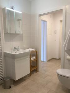 uma casa de banho branca com um lavatório e um WC em Reload by BestChoice - Parking - Self Check-in em Graz