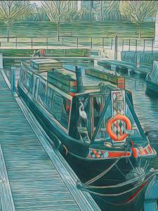 a painting of a boat in the water at Cosy Narrowboat Benedict, Clarence Dock Leeds in Hunslet