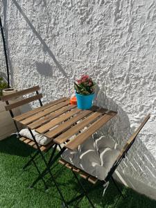 a wooden picnic table with a potted plant on it at Truly Apulia in Bari