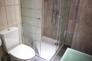 La salle de bains est pourvue de toilettes et d'une douche avec une porte en verre. dans l'établissement Casa Lagar de Pedra T2, 