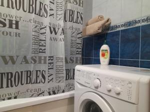 a laundry room with a washing machine and a shower curtain at Апартаменти біля Автовокзалу in Rivne