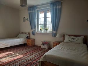 a bedroom with two beds and a window with blue curtains at Na skraju lasu in Milejczyce