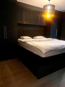 Una cama en una habitación oscura con una luz sobre ella en Tjuvholmen / Aker Brygge - Most expensive area in Oslo! en Oslo