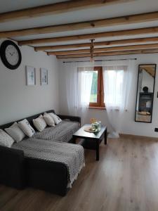 ein Wohnzimmer mit einem Sofa und einem Tisch in der Unterkunft Leszczynowe Zacisze in Wiele