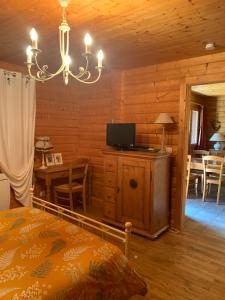 a bedroom with a bed and a desk with a television at Chalet l'Herminette in Saint-Jorioz