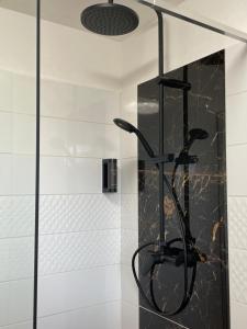 ducha con cabezal de ducha negro y puerta de cristal en Glamping Challet Slunečno Český ráj, en Dobšín