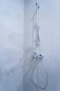 eine Dusche mit Duschkopf an der Wand in der Unterkunft Sauna Apartment - Brno(x) Cejl in Brünn