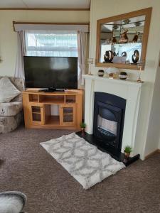 a living room with a fireplace and a television at Beautiful Caravan in Ingoldmells