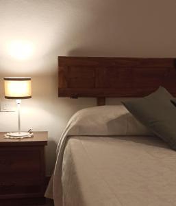 um quarto com uma cama e um candeeiro numa mesa de cabeceira em B&B Ginestra em Lastra a Signa