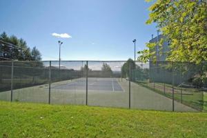 a tennis court with two tennis courts at Loft LaprèSKI, Lit king, sauna/piscine et montagne in Saint-Férréol-les-Neiges