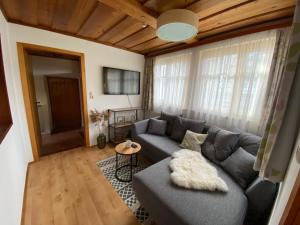 ein Wohnzimmer mit einem grauen Sofa und einem Tisch in der Unterkunft Ferienwohnung Engl Haus in Altaussee