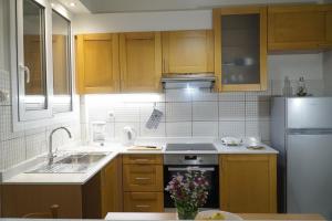 a kitchen with wooden cabinets and a sink and a refrigerator at Elegant central apartment in Heraklio