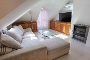 ein Wohnzimmer mit einem Sofa und einem TV in der Unterkunft Ferienwohnung Katja in der Villa Seeblick in Bad Saarow