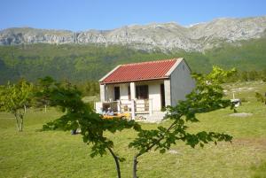 a small house in a field with mountains in the background at Apartments Europa in Starigrad-Paklenica