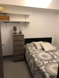 1 dormitorio con 1 cama y vestidor con lámpara en T2 récent climatisé à 100m du port en Propriano