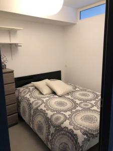 1 dormitorio con 1 cama con 2 almohadas en T2 récent climatisé à 100m du port en Propriano