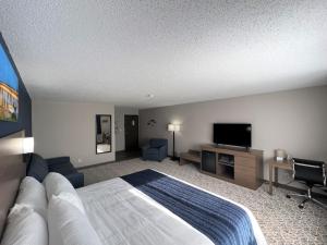 Schlafzimmer mit einem Bett und einem Flachbild-TV in der Unterkunft Hilltop Inn & Suites in Grove
