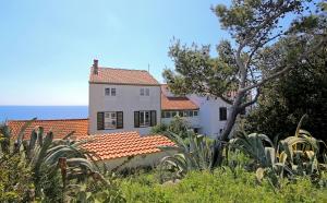 杜布罗夫尼克Blue Cliff Apartment的白色的房子,有红色的屋顶和大海