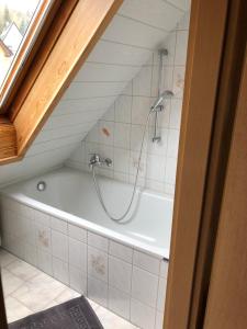 a bath tub with a shower in a bathroom at Ferienwohnung Hänel in Antonshöhe