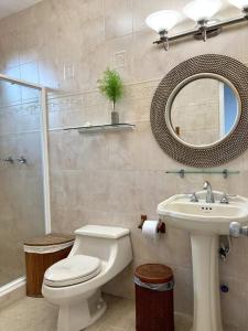 a bathroom with a toilet and a sink and a mirror at Amazing Beachfront Villa - Palm House in Punta Chame