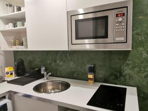 a kitchen with a sink and a microwave at Green Cellar studio Centre de Strasbourg - 5 min conseil de l'Europe in Strasbourg