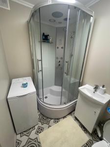 y baño con ducha, aseo y lavamanos. en Moderns, gaišs, plašs! A++ 3 istabu dzīvoklis, en Riga
