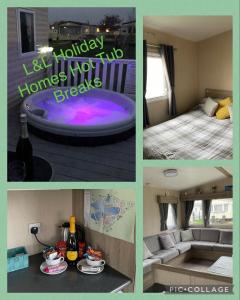 a collage of photos of a hotel room with a hot tub at 9 shearwater Tattershall Lakes Country Park in Tattershall