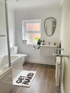 a bathroom with a toilet sink and a mirror at Family Friendly House in Norwich with Parking in Norwich