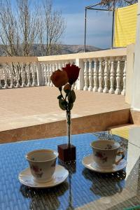 a table with two cups and a vase with a rose at Apartments and rooms by the sea Metajna, Pag - 6496 in Metajna
