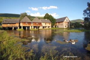 a group of houses on a river with ducks in the water at Holiday House Klara in Otočac