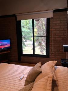 a bedroom with a bed with a window and a television at Entrepinos in Mendoza