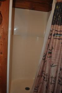 um chuveiro na casa de banho com uma cortina de chuveiro em Crooked Creek Guest Ranch em Dubois