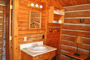 Crooked Creek Guest Ranch في دوبويس: حمام مع حوض في كابينة خشب