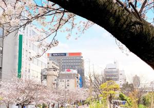 a city withakura trees in front of some buildings at APA Hotel Omori Ekimae in Tokyo