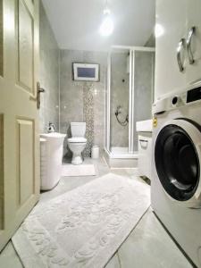 a bathroom with a washing machine and a toilet at bungalov ve göl kenarina kurulmuş sahil evi. 