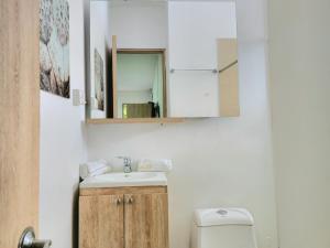 La salle de bains est pourvue d'un lavabo, d'un miroir et de toilettes. dans l'établissement Apartamento Lleras, à Medellín
