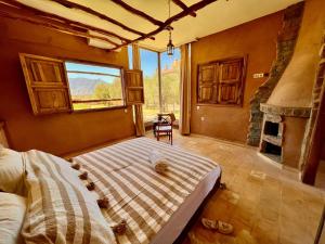 a bedroom with a bed in a room with a fireplace at Bin Jbal Resort in Ouirgane