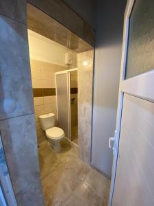 a bathroom with a toilet and a glass shower stall at Acan Apart günlük kiralık ev daire Ürgüp in Mustafapaşa